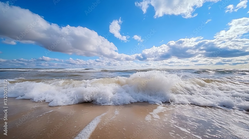 Poster waves crashing against the sandy shore under a vibrant sky filled with clouds : generative ai