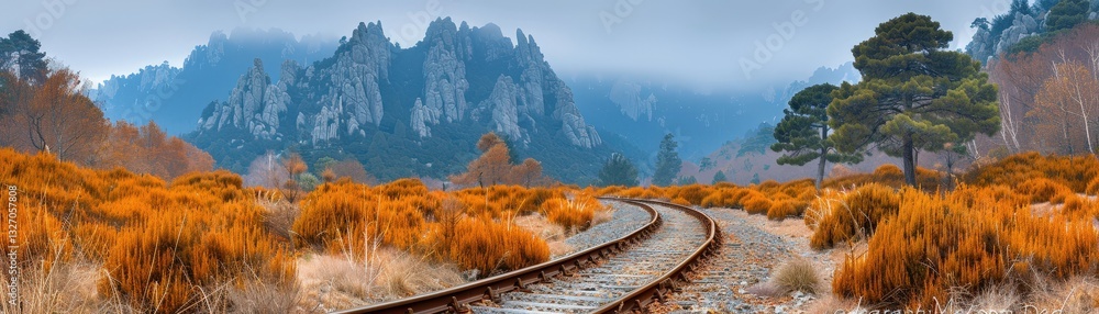 Poster a train track runs through a field of tall grass and trees