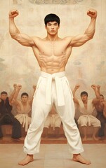 Strength and Mastery: A disciplined martial artist exhibits remarkable strength and control, his well-defined physique and focused gaze embodying the power and precision of his art.