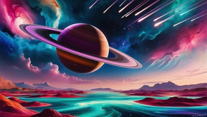 A surreal cosmic landscape featuring a gigantic ringed planet rising over an alien ocean, with a sky full of dazzling nebulae and shooting stars