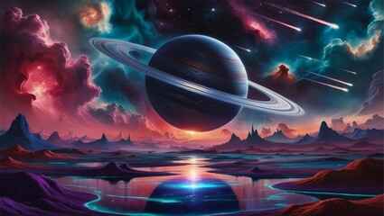 A surreal cosmic landscape featuring a gigantic ringed planet rising over an alien ocean, with a sky full of dazzling nebulae and shooting stars
