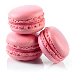 Three pink macarons are artfully arranged, displaying their smooth shells and creamy filling. The soft hues catch the light beautifully, emphasizing their elegance and sweetness
