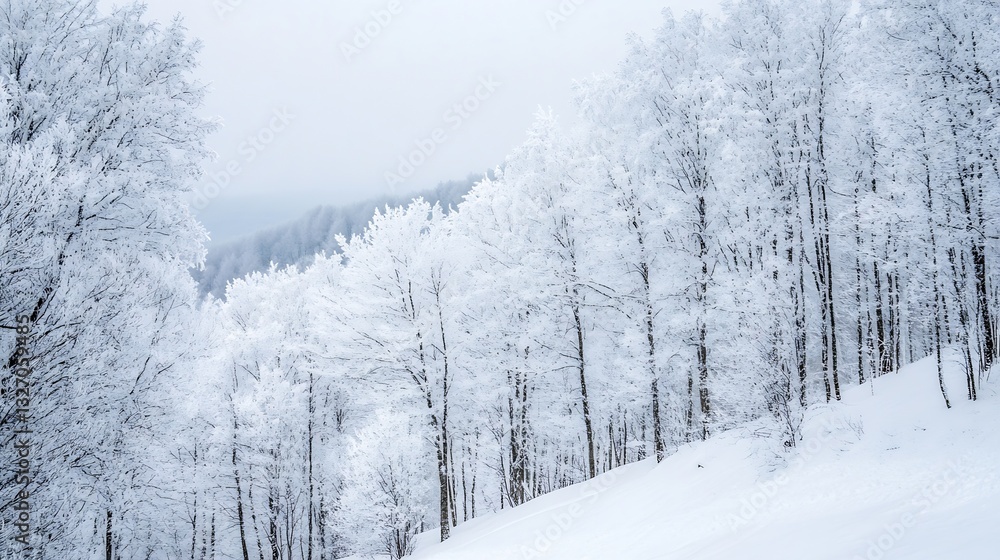 Aufkleber snow covered trees in a tranquil winter landscape with a soft grey sky and fresh snow on the ground 