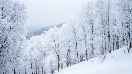 Fototapeta premium Snow covered trees in a tranquil winter landscape with a soft grey sky and fresh snow on the ground : Generative AI