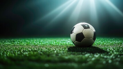 Soccer ball on a vibrant green field at night, spotlighting the game.