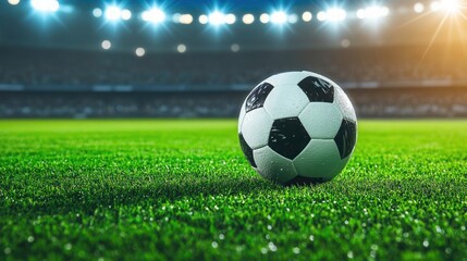 Fototapeta premium Soccer ball on a vibrant green field in a stadium at night