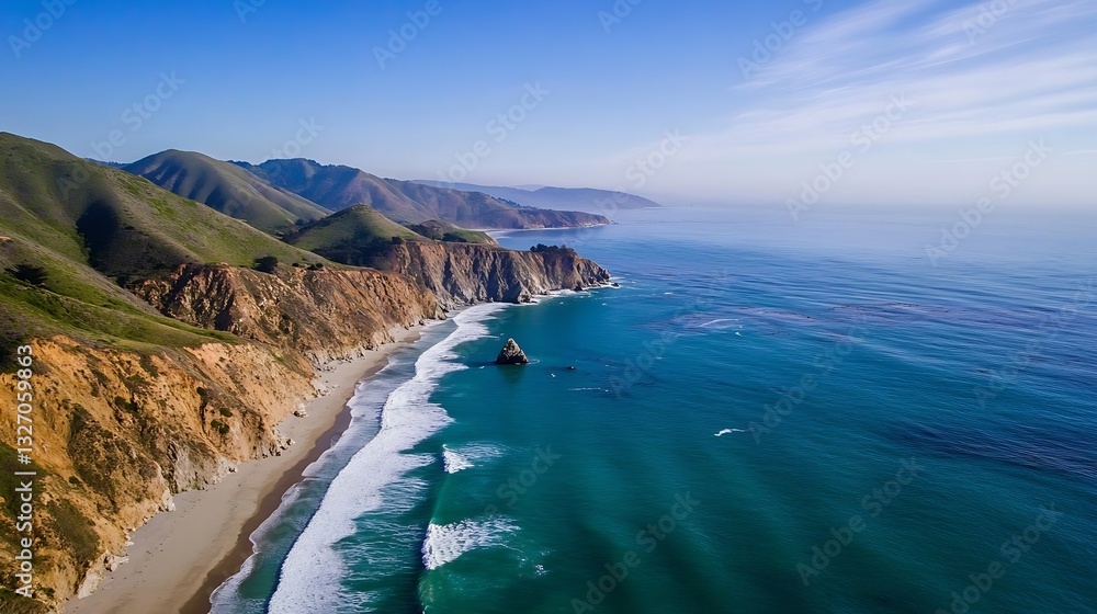 Poster aerial view of majestic coastline featuring waves and rugged cliffs under a clear sky : generative a