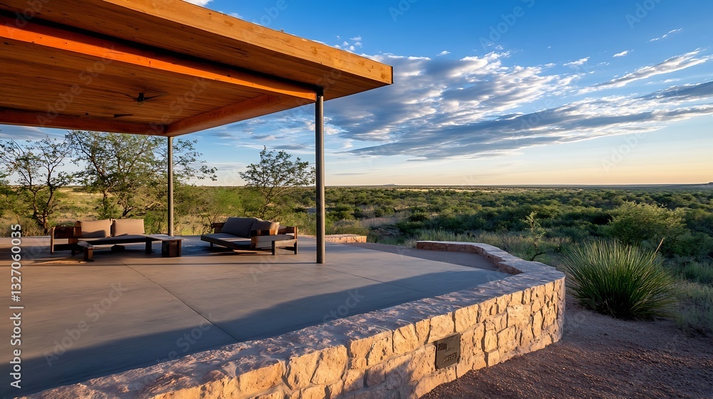 Poster Modern patio with comfortable seating and stunning views of the open natural landscape at sunset : Generative AI