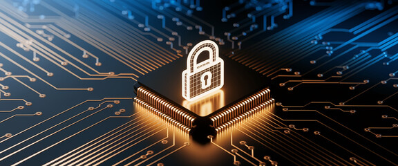 Glowing padlock icon on gold circuit board, symbolizing digital security, data protection, and cybersecurity technology