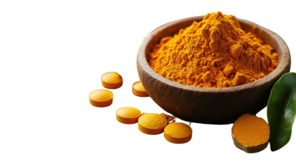 Turmeric Remedy: A wooden bowl filled with vibrant turmeric powder, accompanied by pills and a fresh piece of turmeric, showcasing a natural approach to wellness and holistic health