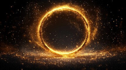 Glowing golden sparkle ring in dark sparkling background