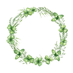 Watercolor clover leaves and field spikelet wreath isolated background. Hand drawn wildflowers and herbs illustration with copy space for text. Floral round frame greeting cards, wedding invitation