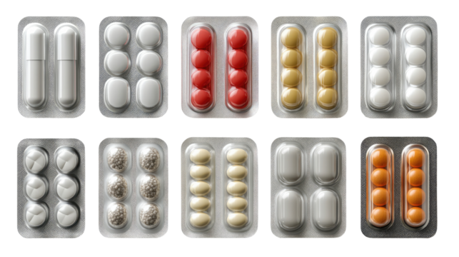 Variety of pills in blister packs: An assortment of various pills, capsules, and tablets neatly arranged in their respective blister packs. Perfect for illustrating medicine, health.