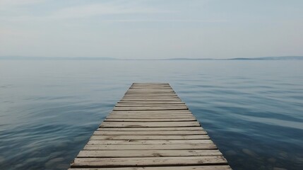 Fototapeta premium Serene wooden pier extending over still waters reflecting surrounding calm nature : Generative AI