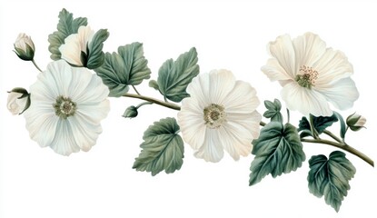 Fototapeta premium Elegant Creamy White Flowers and Gray Green Leaves Botanical Illustration