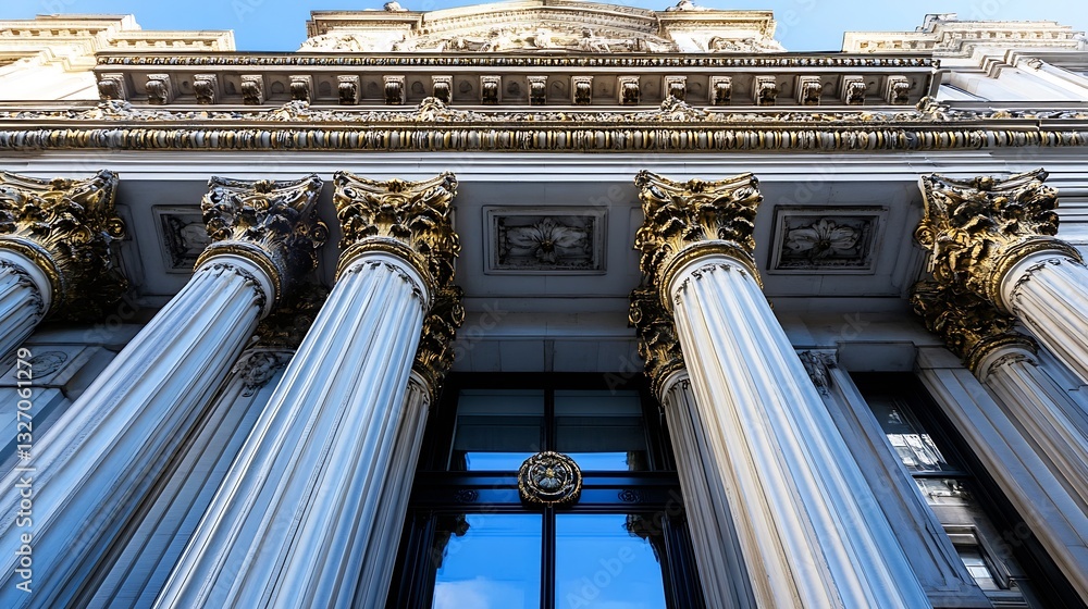 Poster Imposing historical building with grand columns and detailed architecture viewed from below : Generative AI