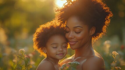 Mother and daughter embrace at golden hour in a flower field
