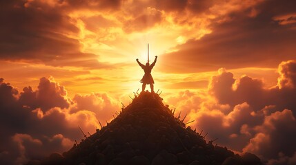 Triumph on the Summit: A lone figure stands atop a peak, silhouetted against a dramatic sunset sky, arms raised in a gesture of victory. 