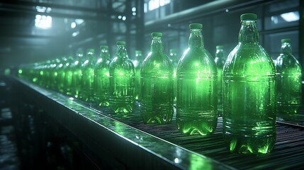 Green Plastic Bottles Moving on Conveyor Belt in Factory Production Line