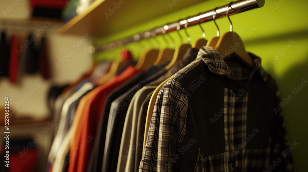 Poster a collection of shirts displayed on a rack, suitable for use in fashion or lifestyle contexts