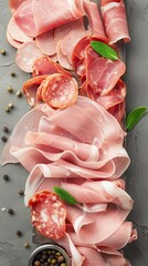 Freshly sliced deli meat arranged artfully on a dark serving board with herbs and spices in the backdrop