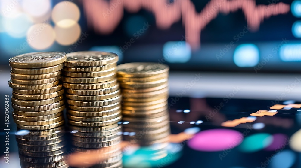 Aufkleber close view of stacked coins and financial charts representing wealth accumulation and economic growt
