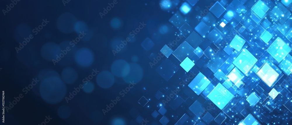 Poster abstract blue digital background with glowing squares and particles for technology and innovation co