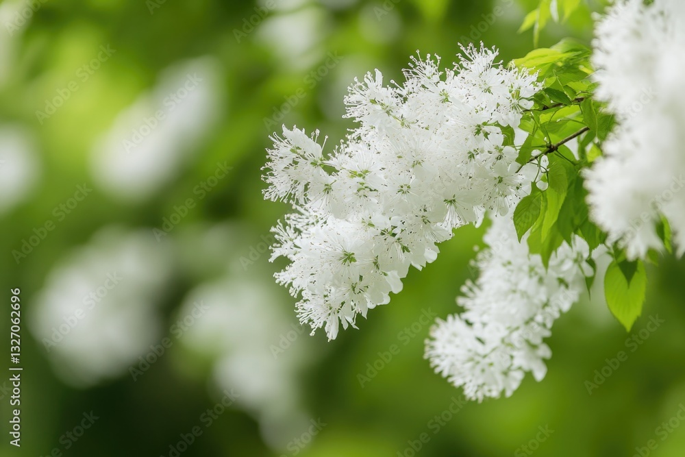 Poster a branch of a tree decorated with white flowers, suitable for use in various themes and designs