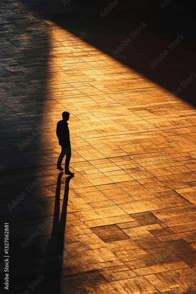 Poster a person is seen walking on a tiled floor, with the surrounding environment unclear