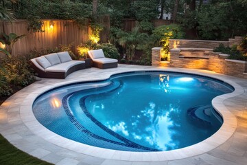 A person relaxing by the pool with a lounge chair and a fire pit nearby