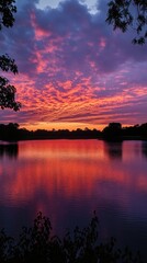 Naklejka premium Vibrant Sunset Over Calm Lake Water Trees Silhouetted
