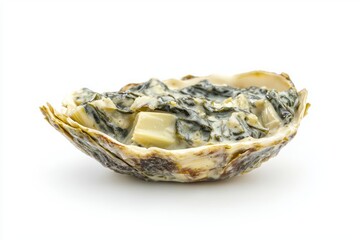 Isolated oyster shell filled with creamy spinach and artichoke on pristine white surface studio light healthy eating culinary art
