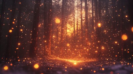 Enchanted Forest Sunset Glowing Particles and Dark Tree Silhouettes