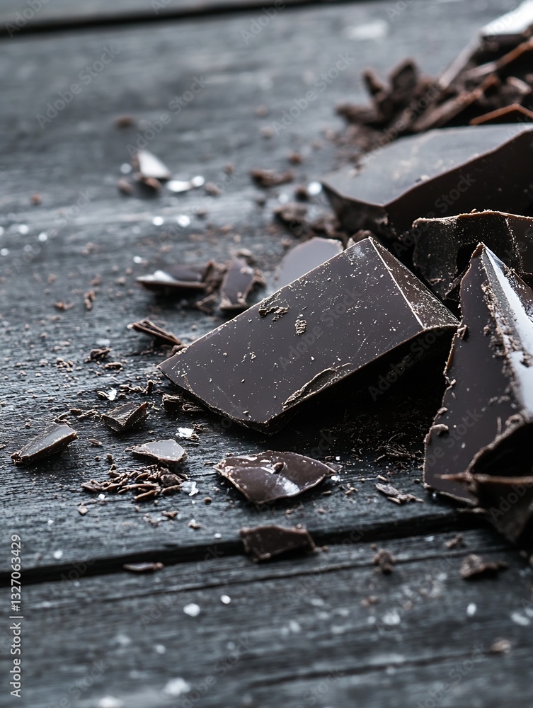 Poster rich dark chocolate pieces scattered on a rustic wooden table in a delightful arrangement : generati