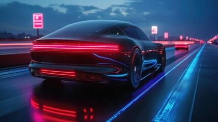 Obraz premium A futuristic electric car with sleek aerodynamic design, driving along a smart highway with automated lane guidance and glowing road signs