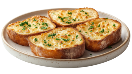 Toasted Garlic Bread: A close-up shot of golden, toasted garlic bread slices arranged on a plate, a culinary delight. 