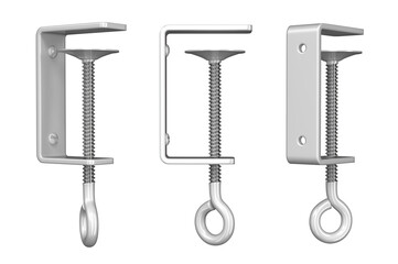 Metal C-clamp for fixing shelf stopper, shelf talker, topper, banner to retail shelf. Side view, isometric view, rear view. 3d illustration set isolated on white