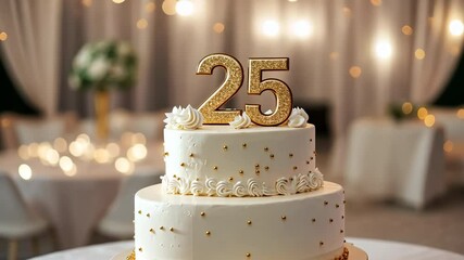 25th birthday cake adorned a gold accents. Birthday party. Blurred light festive background. Golden balloons. Twenty five years, Twenty-fifth anniversary. Celebration cake, golden candles. Numbers 25