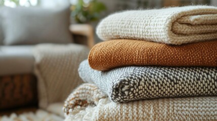 Cozy blankets stacked in living room