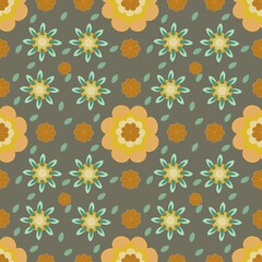 Obraz premium Seamless cute spring pattern with yellow flowers and elements on dark green background, pxl 5000x5000, wrapping paper, digital art, gift inso, fabric, textile idea