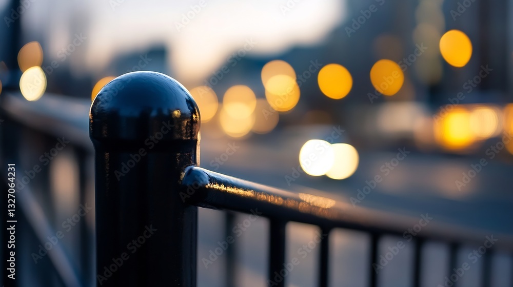 Poster artistic closeup of a sleek rail post against a soft blurred background at dusk : generative ai