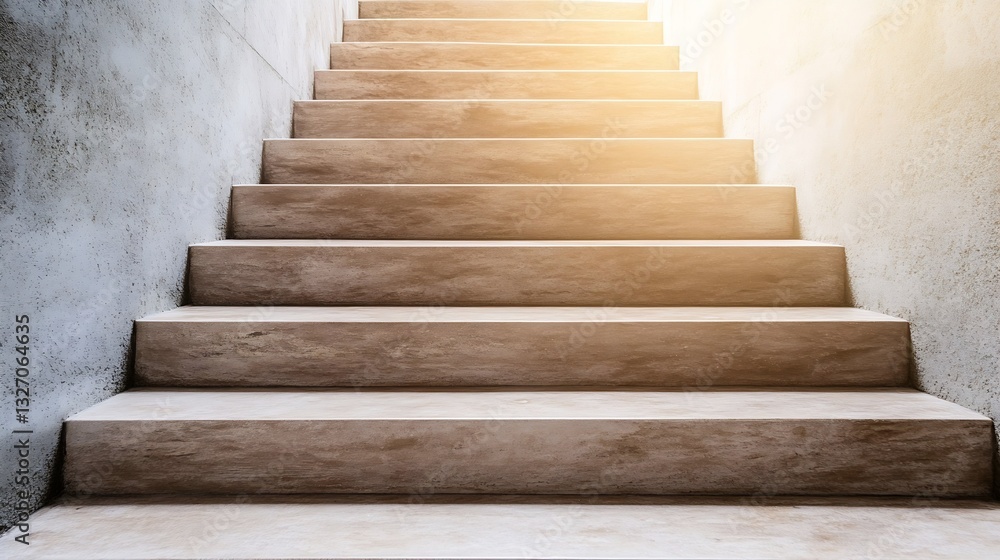 Poster Warm sunlight illuminating a series of concrete stairs symbolizing progress and upward journey : Generative AI
