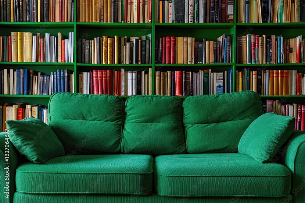 Aufkleber a green couch sits in front of a bookshelf filled with books, perfect for reading and relaxation