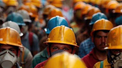 Labor workers gathering together for fight and protest their right. construction worker with safety helmet looking while coming out for protesting and calling their right. AIG53.