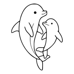 mother and baby dolphin outline vector illustration