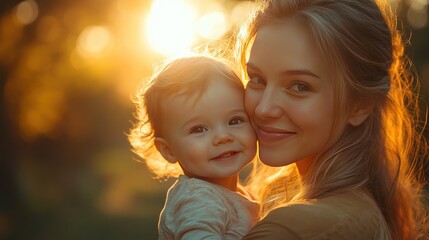 Golden Hour Embrace Mother and Toddler in Park