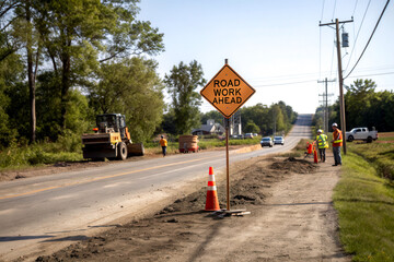 A construction site with workers and machinery, featuring a "Road Work Ahead" sign along a partially finished road.