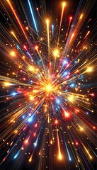 Glowing multicolor sparks bursting outward with luminous light streaks, forming a dynamic and energetic abstract background and wallpaper
