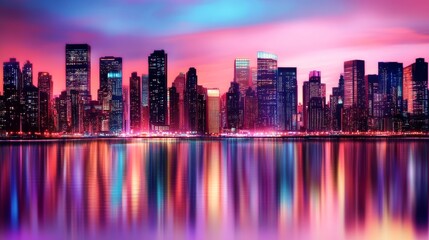 Obraz premium Vibrant city skyline at dusk with colorful reflections on water, showcasing urban life and energy