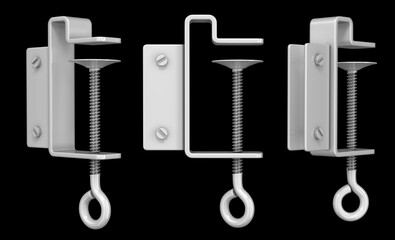 Metal C-clamp with bend for fixing shelf banner, shelf stopper, shelf talker to retail shelf. Side view, isometric view, rear view. 3d illustration set isolated on black